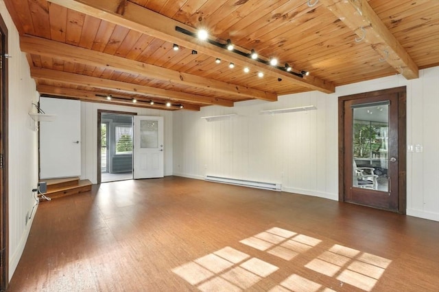 unfurnished living room featuring baseboard heating, wood finished floors, track lighting, beam ceiling, and wooden ceiling