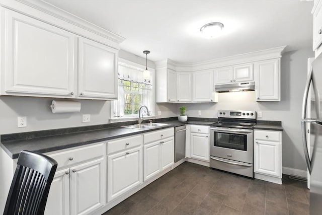 kitchen featuring stainless steel appliances, a sink, under cabinet range hood, dark countertops, and white cabinets