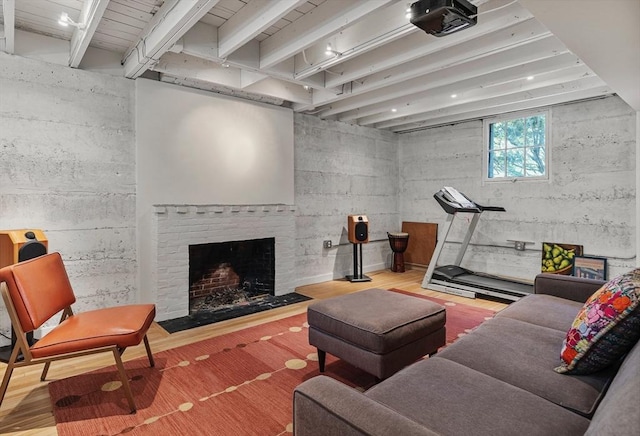14 Meigh Rd, Newton, MA 02467 - living room featuring wood finished floors, a fireplace, and beam ceiling
