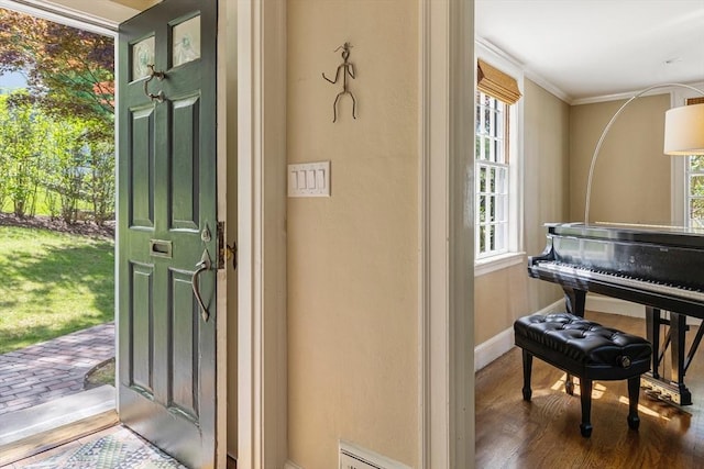 14 Meigh Rd, Newton, MA 02467 - entrance foyer featuring healthy amount of natural light, crown molding, wood finished floors, and baseboards