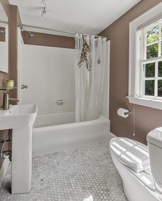 14 Meigh Rd, Newton, MA 02467 - full bathroom featuring toilet, shower / tub combo with curtain, tile patterned floors, and a sink