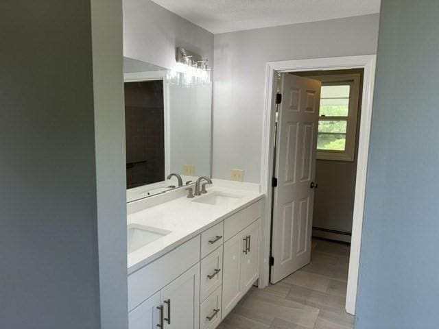 bathroom featuring hardwood / wood-style flooring, vanity, and a baseboard heating unit