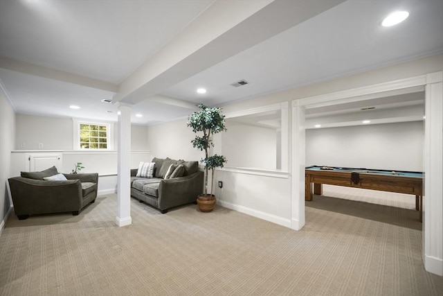 32 Bulkley Rd, Sudbury, MA 01776 - living room featuring light carpet, billiards, baseboards, recessed lighting, and beam ceiling