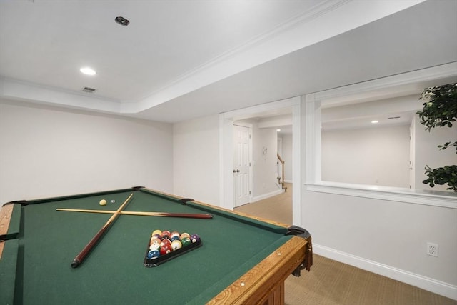 32 Bulkley Rd, Sudbury, MA 01776 - rec room with billiards, carpet, baseboards, and recessed lighting