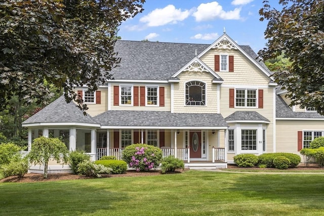 32 Bulkley Rd, Sudbury, MA 01776 - view of front of house featuring covered porch, roof with shingles, and a front yard