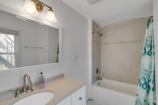 bathroom with shower / tub combo with curtain and vanity