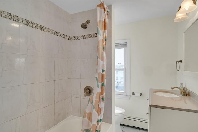 full bathroom featuring baseboard heating, tile patterned floors, toilet, shower / bath combo with shower curtain, and vanity