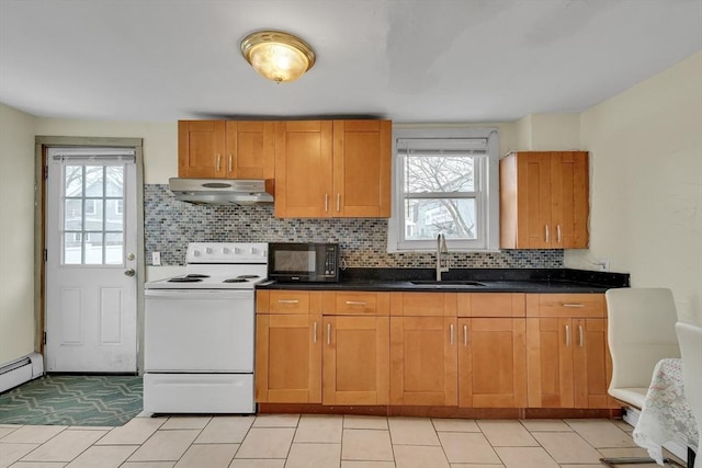 kitchen with backsplash, a baseboard heating unit, sink, electric range, and light tile patterned flooring