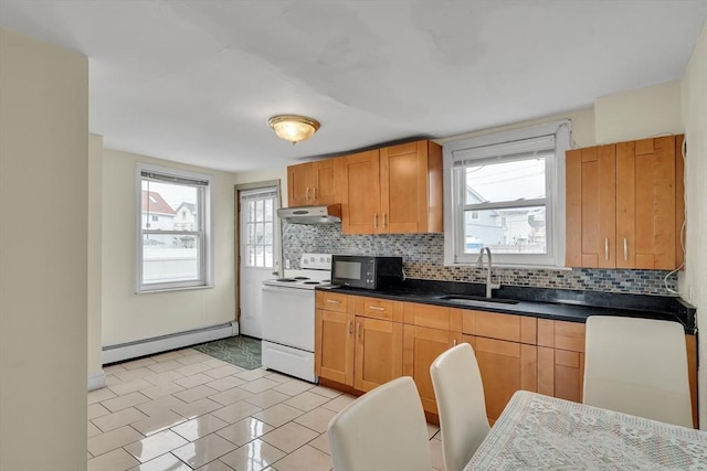 kitchen featuring backsplash, sink, baseboard heating, white range with electric stovetop, and light tile patterned flooring