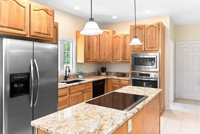 31 Swing Dr, Berkley, MA 02779 - kitchen with black appliances, light tile patterned floors, light stone counters, pendant lighting, and recessed lighting