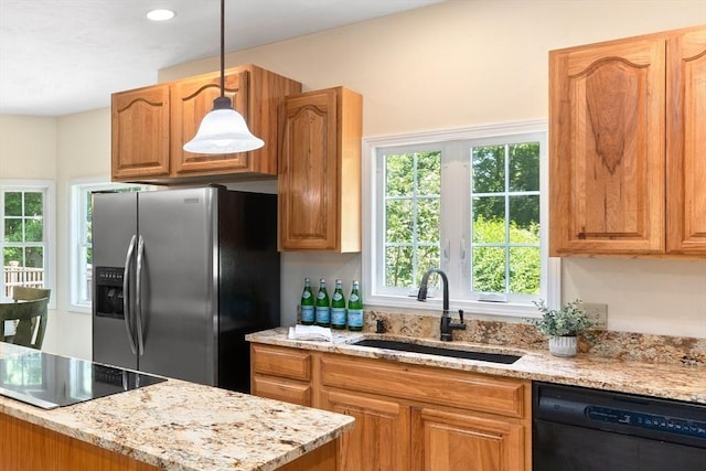 31 Swing Dr, Berkley, MA 02779 - kitchen featuring black appliances, light stone counters, and hanging light fixtures