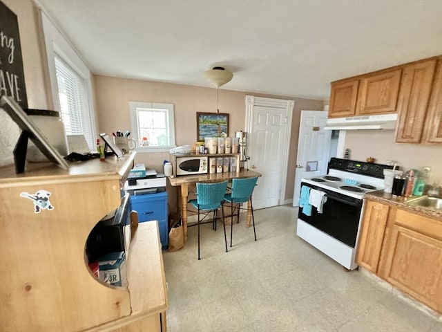 kitchen featuring white appliances, baseboards, light floors, under cabinet range hood, and a sink