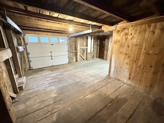 garage with wooden walls