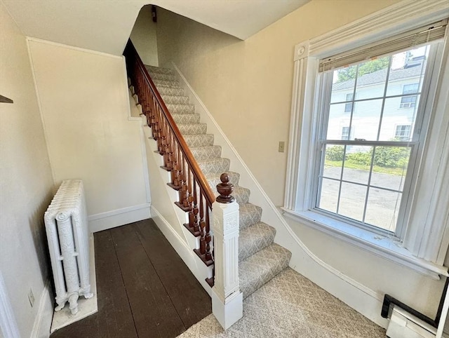 stairs featuring a wealth of natural light, radiator, baseboards, and hardwood / wood-style flooring