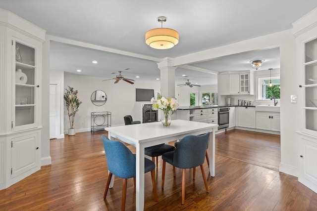 8 Winthrop Ave, Bedford, MA 01730 - dining area with ceiling fan, dark wood-style flooring, and recessed lighting