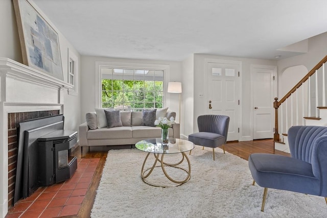 8 Winthrop Ave, Bedford, MA 01730 - living area featuring stairs and dark wood-type flooring