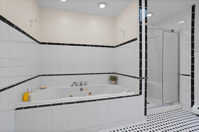 8 Winthrop Ave, Bedford, MA 01730 - bathroom featuring a shower stall, a jetted tub, and tile walls