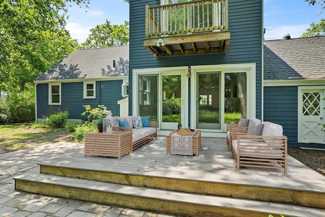 8 Winthrop Ave, Bedford, MA 01730 - back of house featuring a balcony, outdoor lounge area, roof with shingles, and a wooden deck
