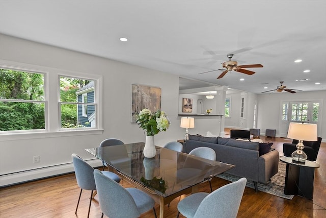 8 Winthrop Ave, Bedford, MA 01730 - dining room featuring ceiling fan, wood finished floors, a baseboard heating unit, and recessed lighting