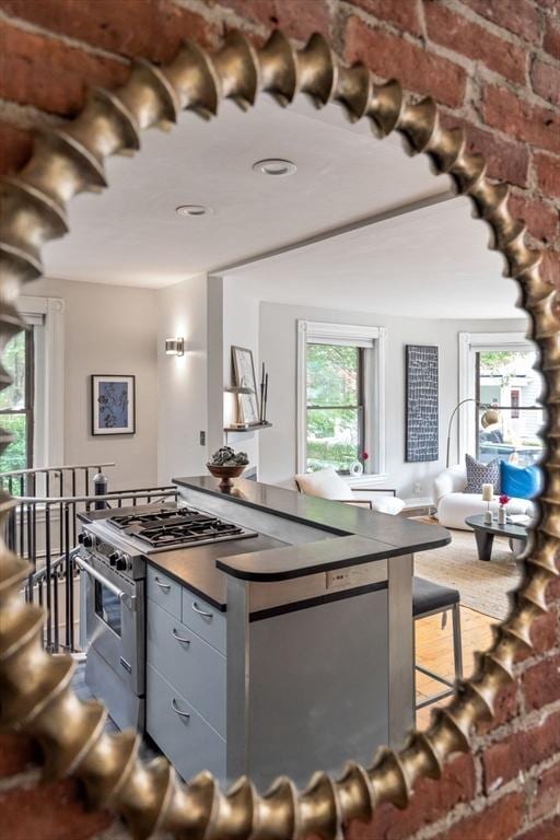 48 Kent St Unit 1, Brookline, MA 02445 - kitchen with dark countertops, high end stainless steel range, gray cabinetry, and open floor plan