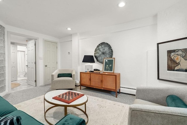 48 Kent St Unit 1, Brookline, MA 02445 - living area with a baseboard heating unit, recessed lighting, and carpet