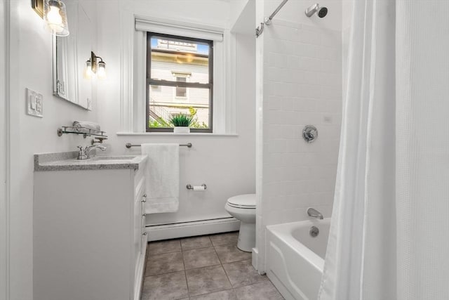 48 Kent St Unit 1, Brookline, MA 02445 - bathroom featuring baseboard heating, vanity, toilet, tile patterned flooring, and shower / tub combo