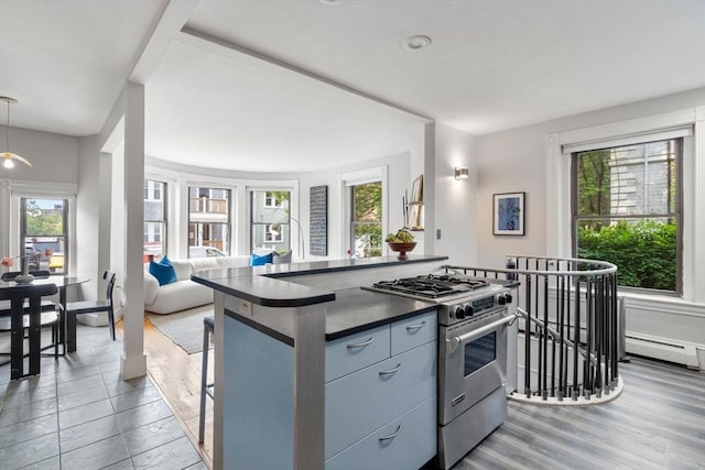 48 Kent St Unit 1, Brookline, MA 02445 - kitchen featuring high end stainless steel range, dark countertops, plenty of natural light, and open floor plan