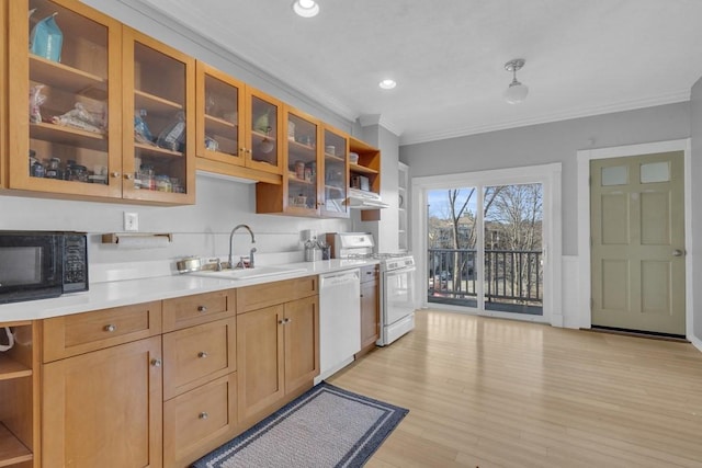 201 High St, Brookline, MA 02445 - kitchen with a sink, white appliances, open shelves, crown molding, and light countertops