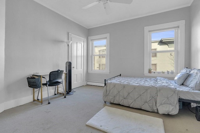201 High St, Brookline, MA 02445 - bedroom with carpet flooring, multiple windows, ornamental molding, a ceiling fan, and baseboards