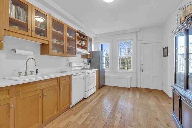 201 High St, Brookline, MA 02445 - kitchen featuring white appliances, a sink, under cabinet range hood, light wood-type flooring, and light countertops
