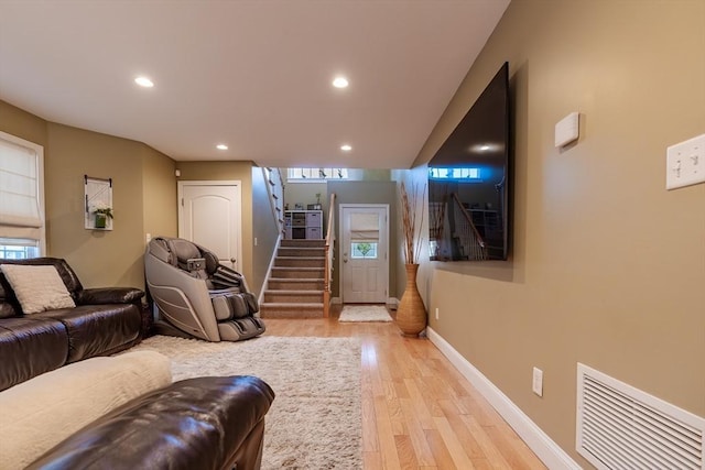 578-580 Detroit St, Fall River, MA 02721 - living room with light wood-type flooring, stairs, recessed lighting, and baseboards