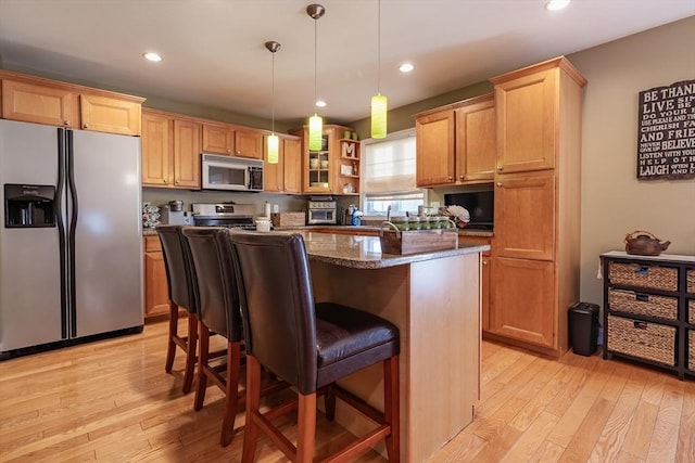 578-580 Detroit St, Fall River, MA 02721 - kitchen with stainless steel appliances, light wood-style flooring, a center island, open shelves, and recessed lighting