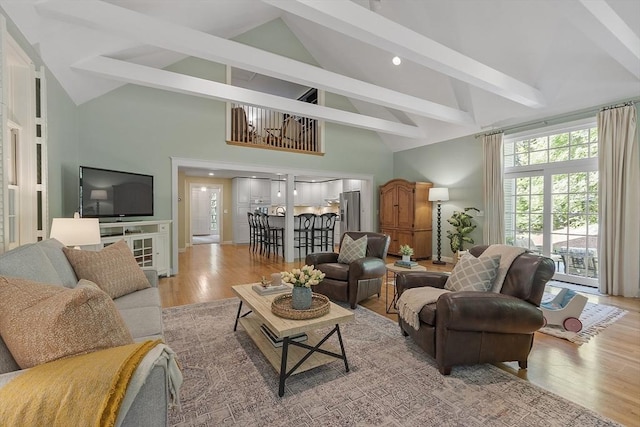 62 Waite Rd, Boxborough, MA 01719 - living room featuring beam ceiling, light wood finished floors, high vaulted ceiling, and recessed lighting