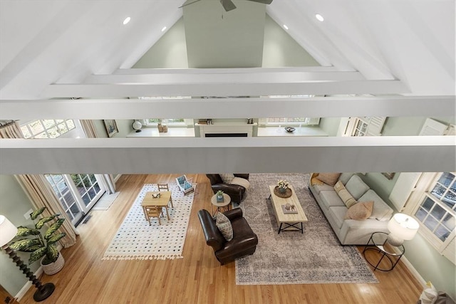 62 Waite Rd, Boxborough, MA 01719 - living room with ceiling fan, wood finished floors, high vaulted ceiling, and recessed lighting