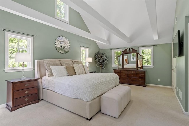62 Waite Rd, Boxborough, MA 01719 - bedroom featuring carpet, baseboards, multiple windows, high vaulted ceiling, and beam ceiling