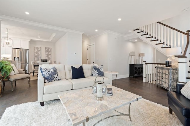 living room with crown molding, baseboards, stairway, recessed lighting, and dark wood finished floors