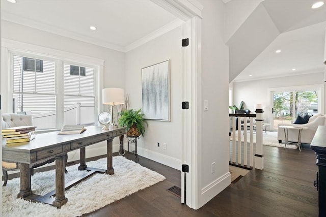 office featuring recessed lighting, baseboards, wood finished floors, visible vents, and ornamental molding