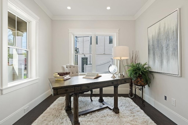 home office with a healthy amount of sunlight, baseboards, crown molding, and dark wood-style flooring