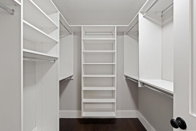 spacious closet with dark wood-style floors