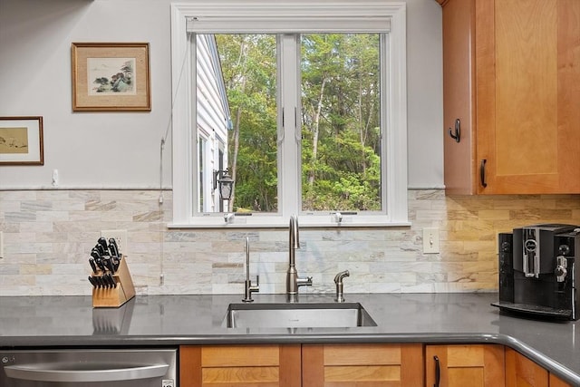 17 Lantern Ln, Leominster, MA 01453 - kitchen featuring a sink, dishwasher, decorative backsplash, and dark countertops