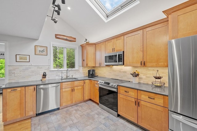 17 Lantern Ln, Leominster, MA 01453 - kitchen featuring appliances with stainless steel finishes, a skylight, a sink, tasteful backsplash, and dark countertops