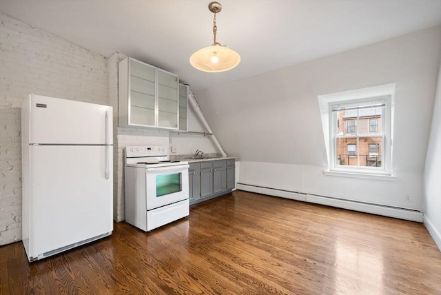 kitchen with gray cabinetry, a baseboard heating unit, a sink, wood finished floors, and white appliances