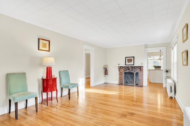 sitting room featuring hardwood / wood-style floors, radiator heating unit, and a fireplace