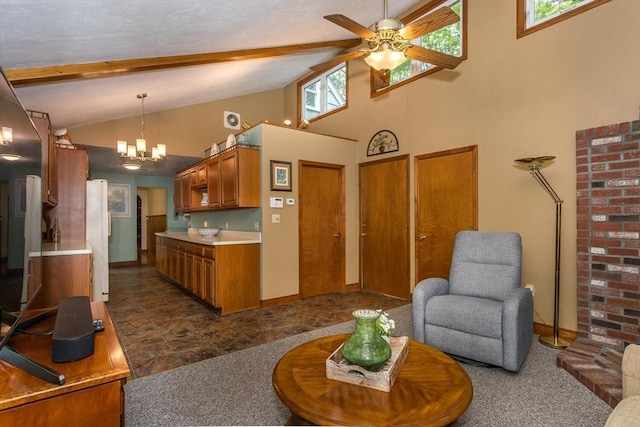 living room featuring healthy amount of natural light, ceiling fan, a chandelier, baseboards, and beam ceiling