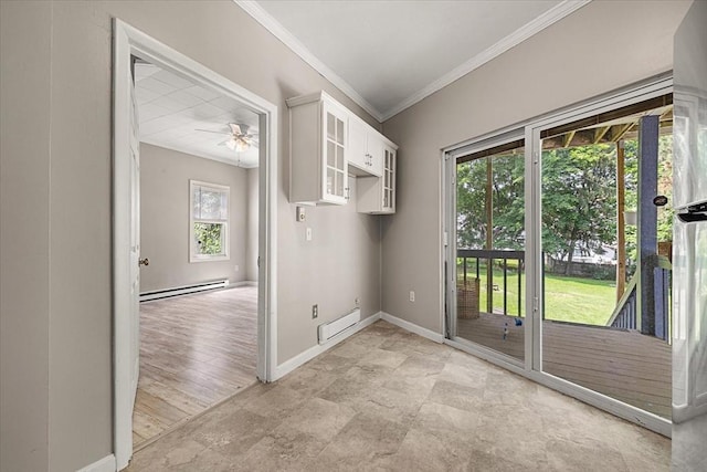 30 Whipple St, Worcester, MA 01607 - unfurnished dining area with ornamental molding, a baseboard radiator, ceiling fan, and stone finish flooring