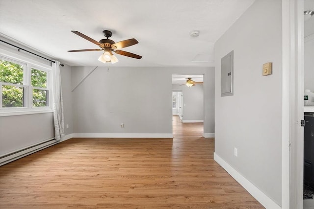 30 Whipple St, Worcester, MA 01607 - spare room with ceiling fan, electric panel, light wood-style floors, a baseboard radiator, and a smoke detector