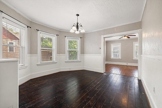 30 Whipple St, Worcester, MA 01607 - unfurnished dining area with wood-type flooring, a chandelier, crown molding, a textured ceiling, and a ceiling fan