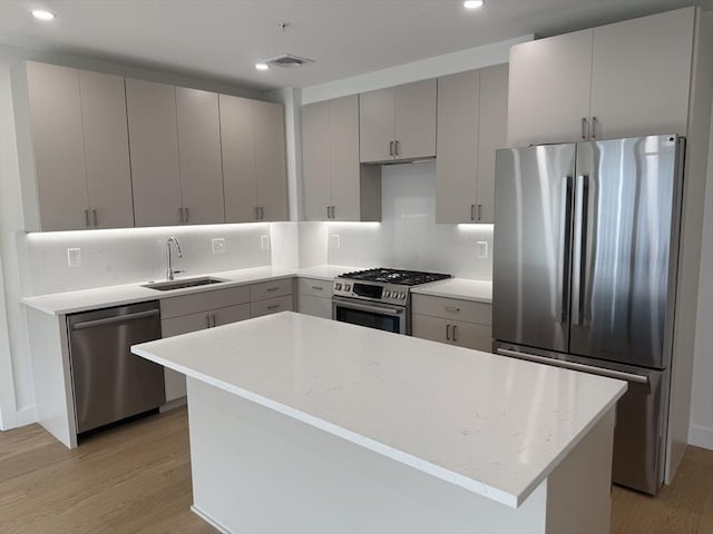 kitchen featuring gray cabinetry, a sink, visible vents, and stainless steel appliances