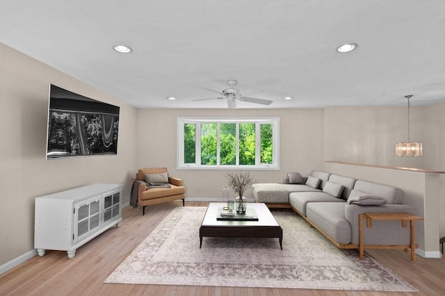 6 Myers Ln, Newbury, MA 01922 - living area with baseboards, a chandelier, light wood-type flooring, ceiling fan, and recessed lighting
