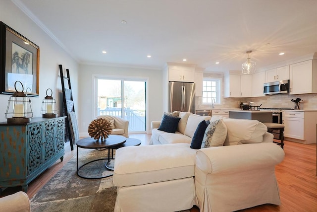 living room with crown molding, sink, and light wood-type flooring